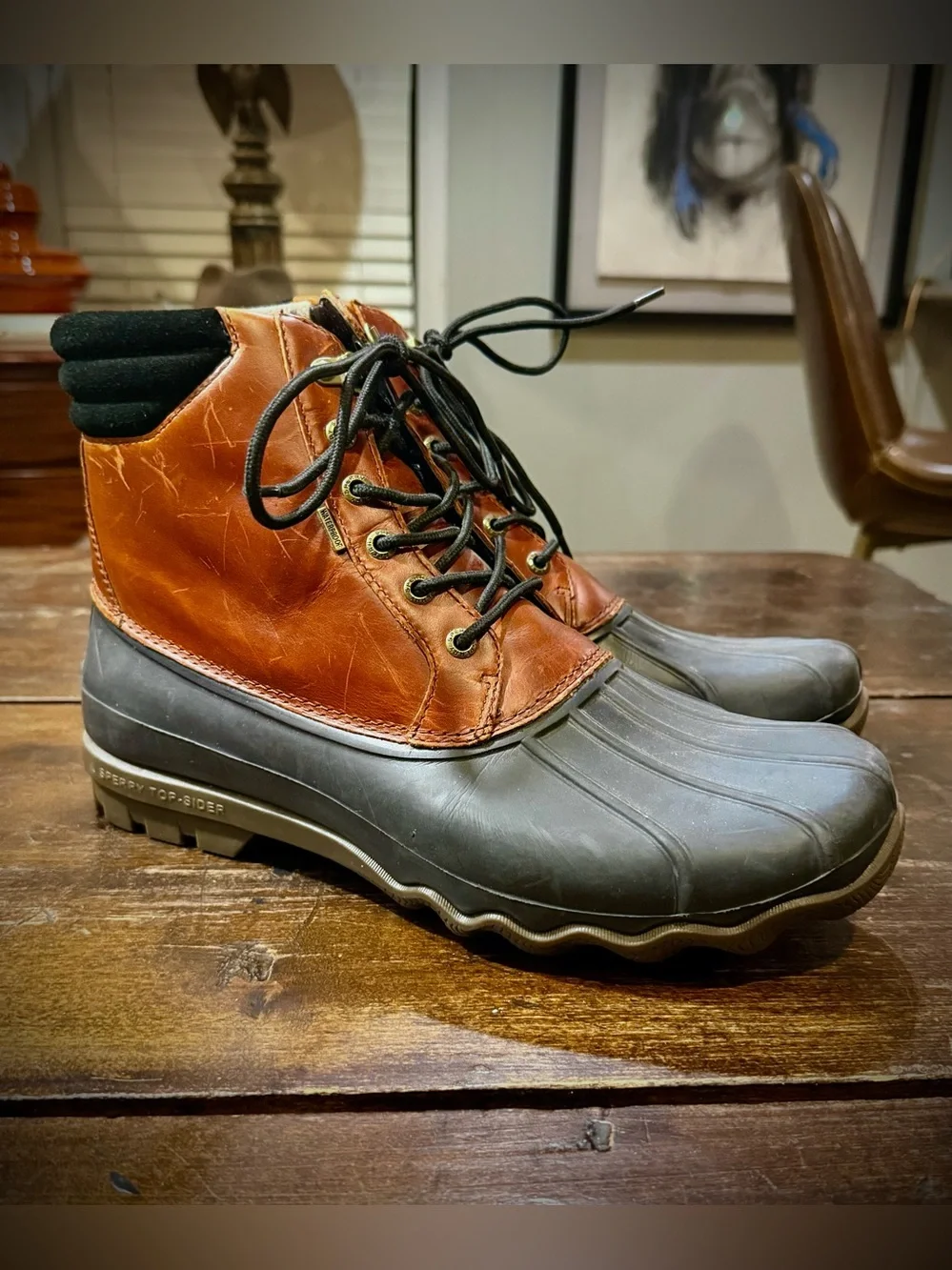 Sperry Brown Leather and Black Rubber Duck Boots Size 10
